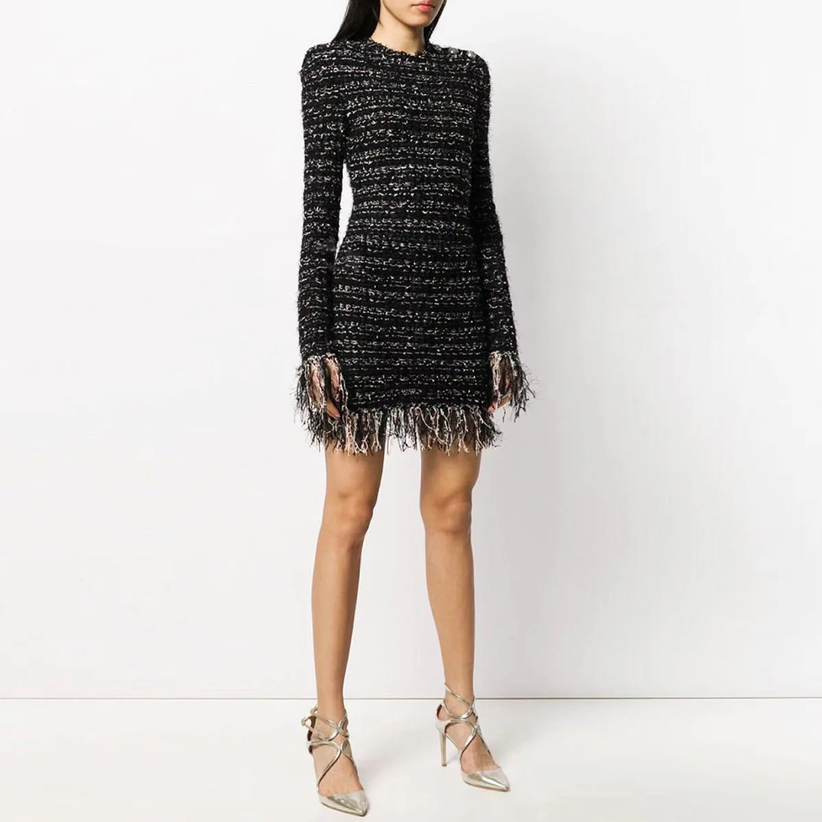 S-XL Fashion Stripe Elastic tweed Fabric Round Neck Long Sleeve Fringe Lace Slim Casual Women's Dress