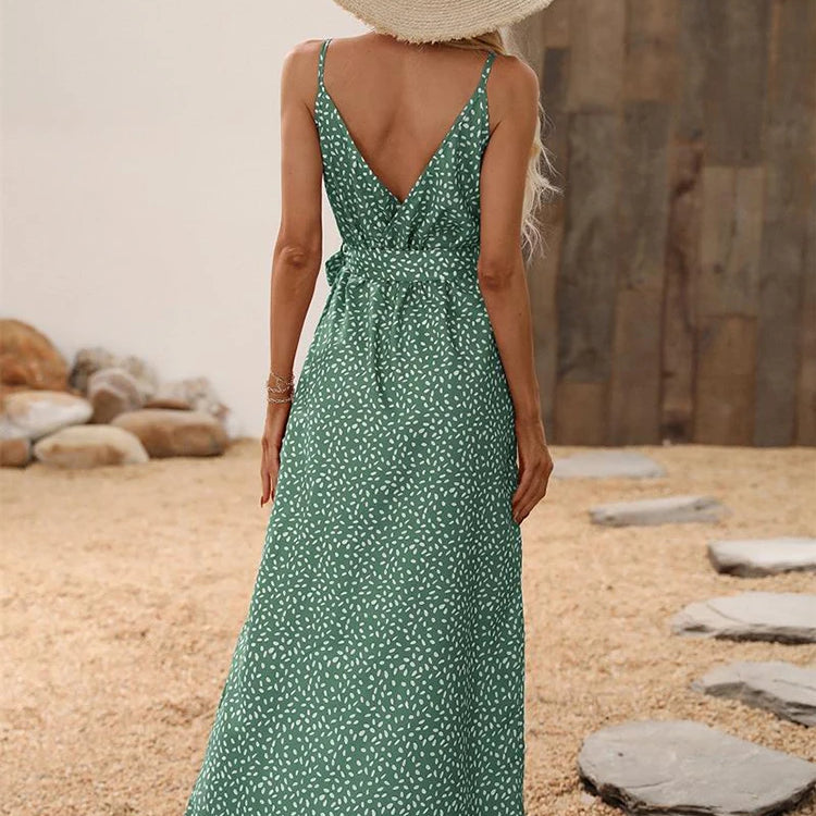Summer Floral Print Long Dress Women Sexy Backless Bandage Slit Beach Sundresses Casual Elegant Black V Neck Sleeveless Dress