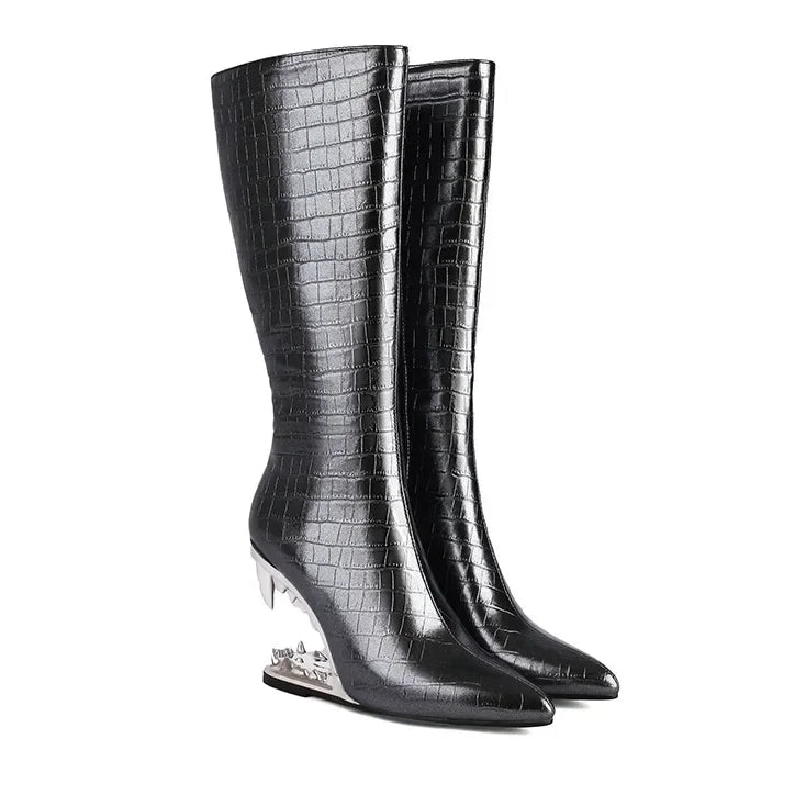 Short Plush 10cm Wolf Teeth Heel Knee Length Boots Back Zipper Pointed Colored Calf Winter Boots Silver Autumn Boots 506-black Plush-ZIP