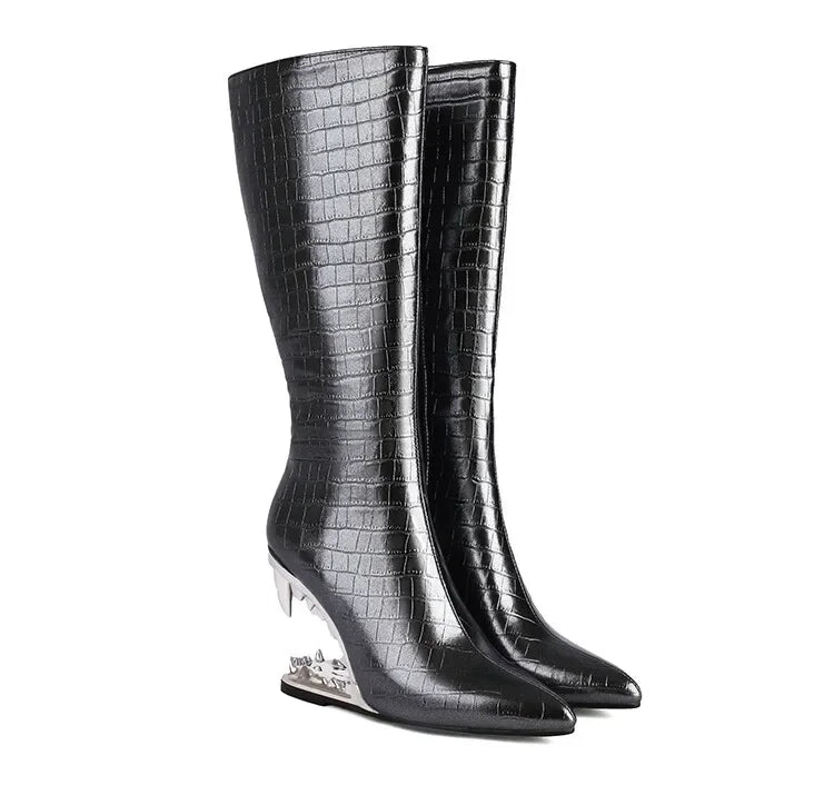 Short Plush 10cm Wolf Teeth Heel Knee Length Boots Back Zipper Pointed Colored Calf Winter Boots Silver Autumn Boots 506-black Plush-ZIP