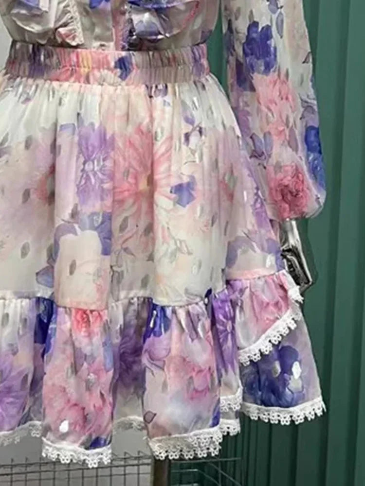 Conjunto colorido de duas peças para mulheres, gola redonda, manga comprida, top, cintura alta, mini saias, conjunto de malha para o verão, roupas femininas 2024