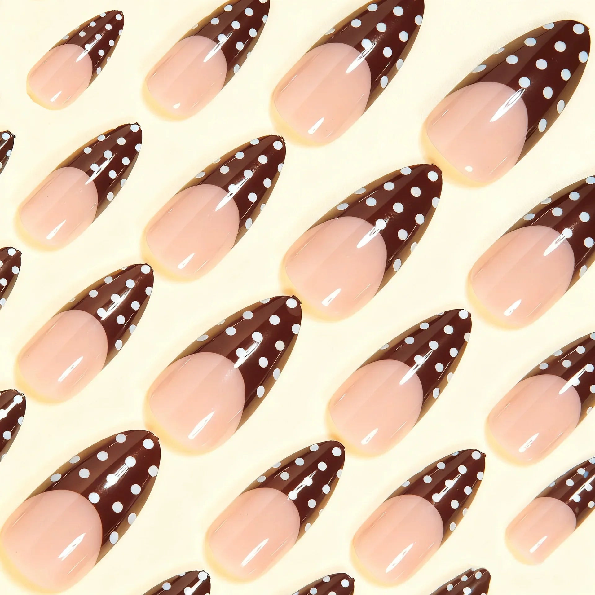 Autumn Brown French Fake Nails 24Pcs Almond Press On Nails White Dot Printed Full Cover Stick-on False Nails Charm Manicure