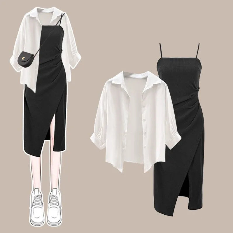 Summer New Dress Matching Set Women's Fashion Sunscreen Shirt Top+Strap Skirt Two Piece Korean Elegant Chic Dresses Suit Black Set