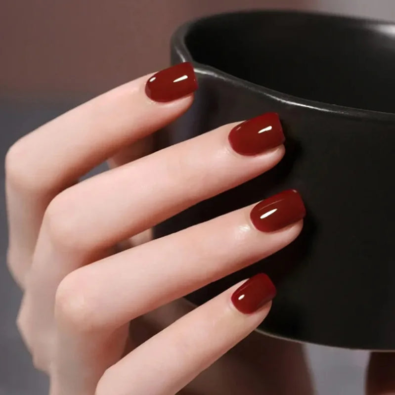 24Pcs Wine Red Simple Press on Nails Short Square Ballet Cute Wearing French Nails Fashion Glossy Solid Color Acrylic False Nail