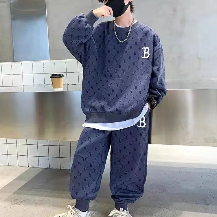 Children Loungewear Suits for Boys Round Neck Sweater and Pants 2Pcs Outfit Sets Junior Kids Letter Sports Clothes Tracksuit blue