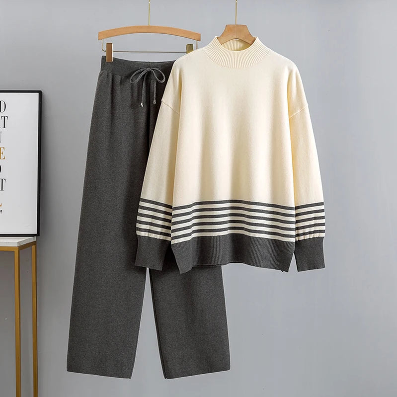 GIGOGOU Euro Designer Autumn Winter Women Sweater Tracksuit 2 piece Set Oversized Ladys Knitwear + Wide Leg Pants Warm Suits color 7 One Size