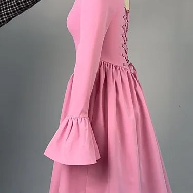 CM.YAYA 2025 Women O-neck Long Flare Sleeve Pleated Mini Midi Dress Backless Elegant Birthday Beach Night Party Vestidos Dresses