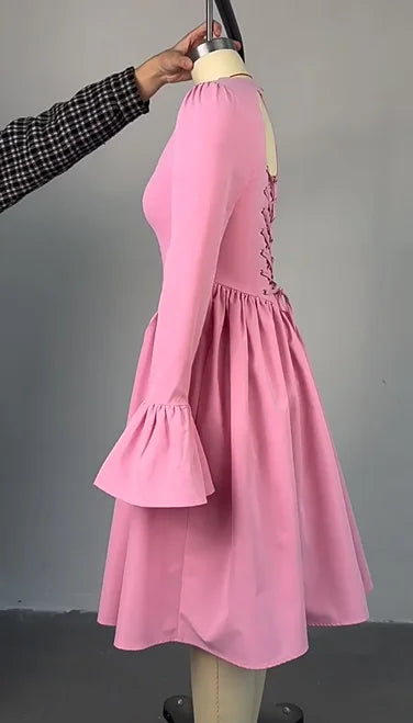 CM.YAYA 2025 Women O-neck Long Flare Sleeve Pleated Mini Midi Dress Backless Elegant Birthday Beach Night Party Vestidos Dresses