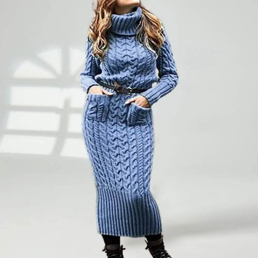 Korean Style Twist Knitted Long Dress Autumn Turtleneck Back Split Pockets Twisted Knit Casual Long Sweater Dress