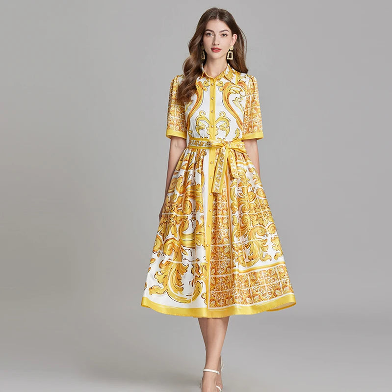 Summer Holiday Yellow Paisley Print Shirt Dresses Women's Turn Down Neck Short Sleeve Belt High Waist Beach Party Vestidos