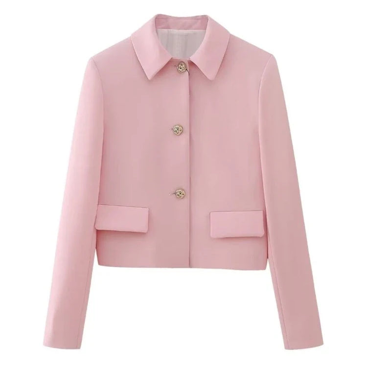 TRAF  Spring Elegant Women Pink Y2K Short Blazer Metal Flower Button Long Sleeve Female Suit Jacket Turn Down Collar Tops