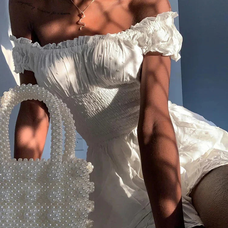 Short Sleeve White Dress Women‘s Summer Dress Fashion Ruffle Mini Dress Sexy Strapless Dress