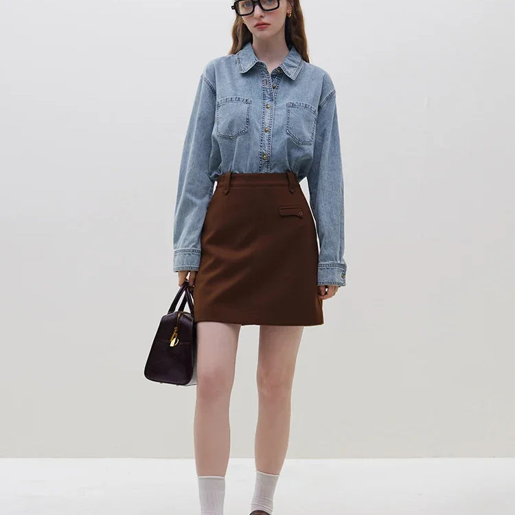 Deep Blue Soft Denim Shirt Women's Autumn Winter Long Sleeved Retro Casual Layered Shirt Blue Women Tops For Work