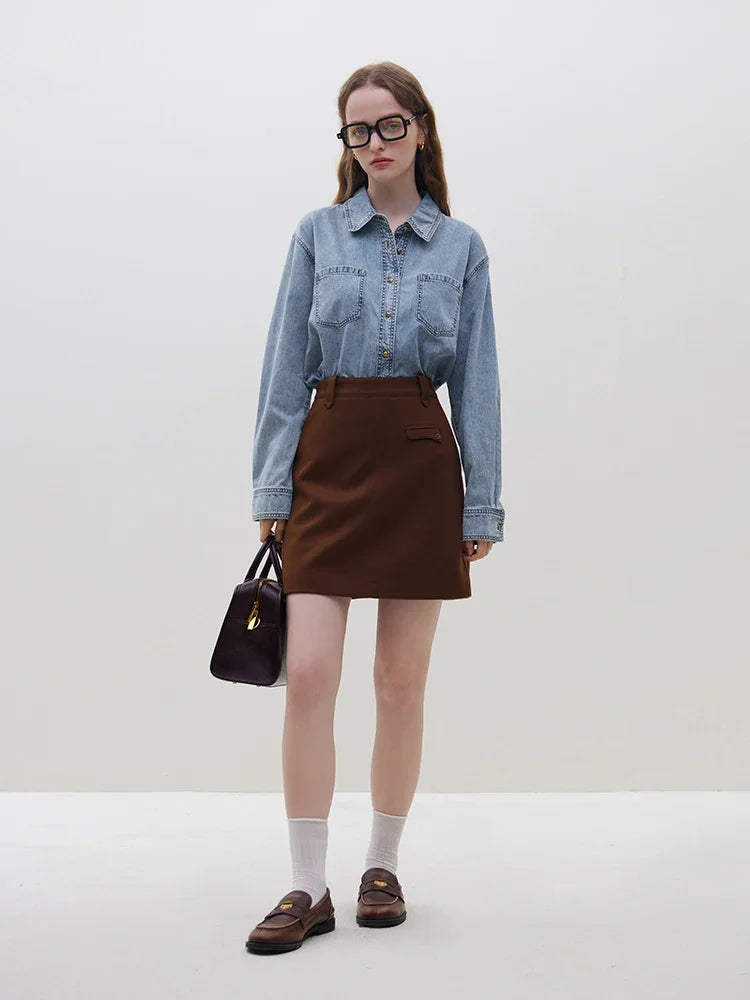 Deep Blue Soft Denim Shirt Women's Autumn Winter Long Sleeved Retro Casual Layered Shirt Blue Women Tops For Work