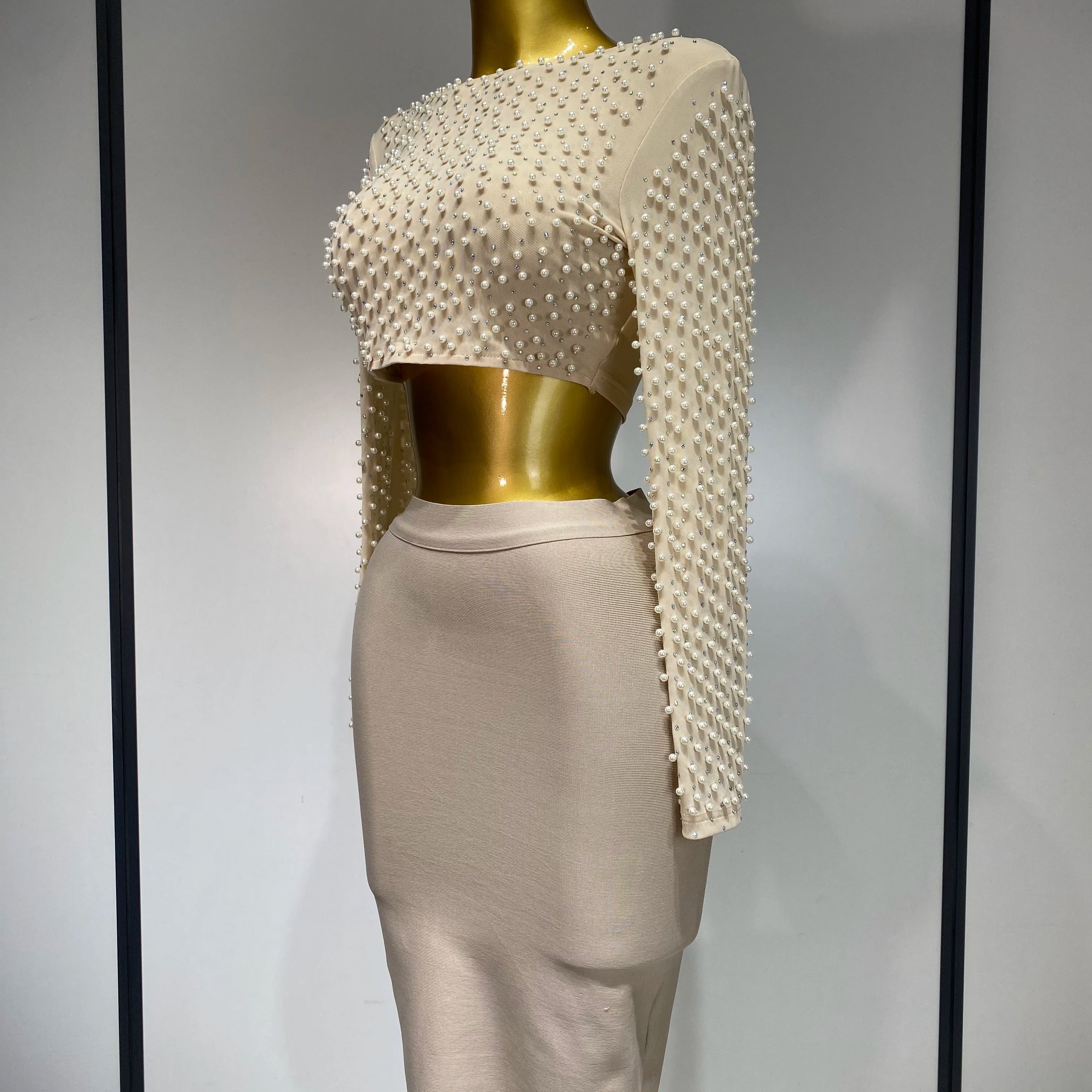 Women Sexy Long Sleeve Mesh Pearl Top Celebrity Midi Women Bandage Set 2025 Designer Evening Party Luxury Birthday Two Piece Set
