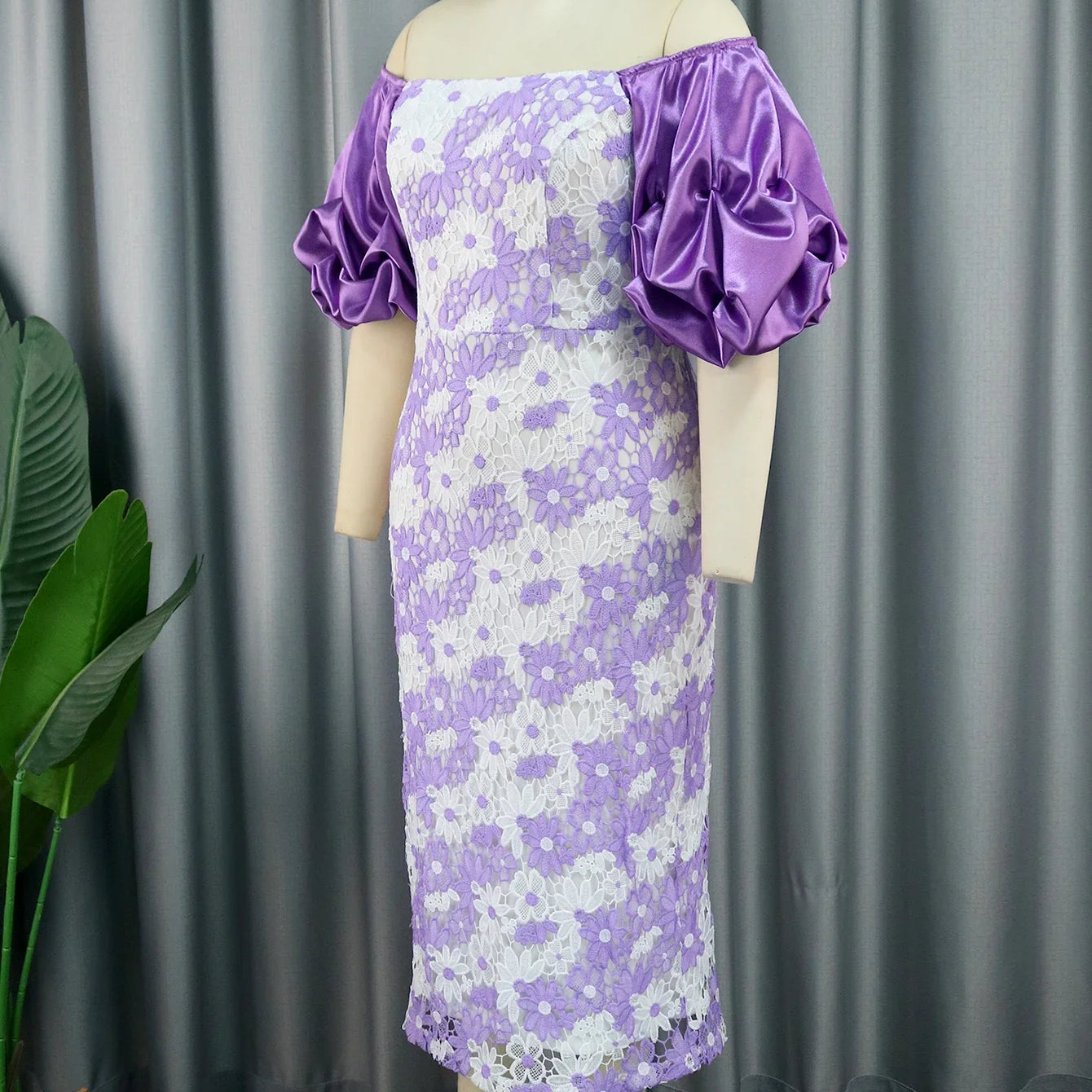 Women Bodycon White Purple Lace Dress Off Shoulder Puff Sleeves Event Birthday Wedding Guest Occasion Gowns African Plus Size