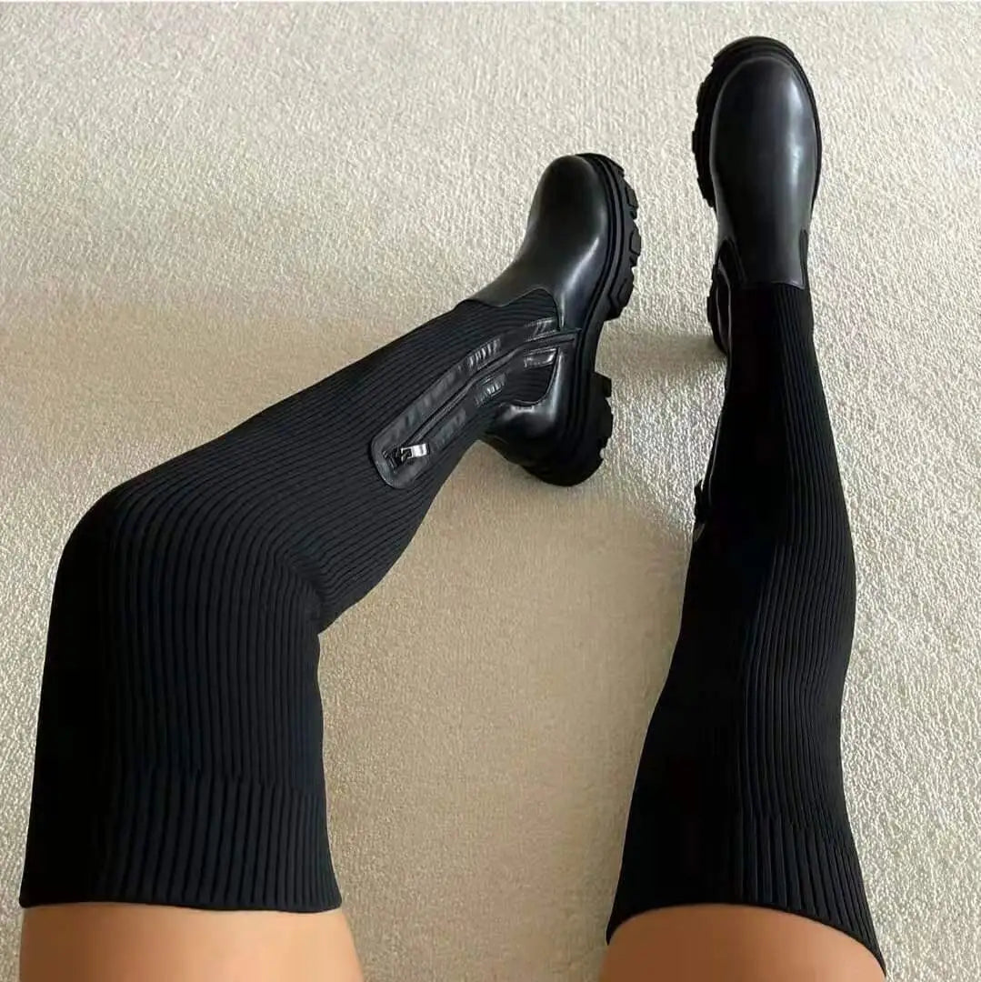 Women Thick Sole Boots Autumn Winter Breathable Knitting Sock Ladies Thigh High Boots Stretch Round Toe Shoes Plus Size 43 black