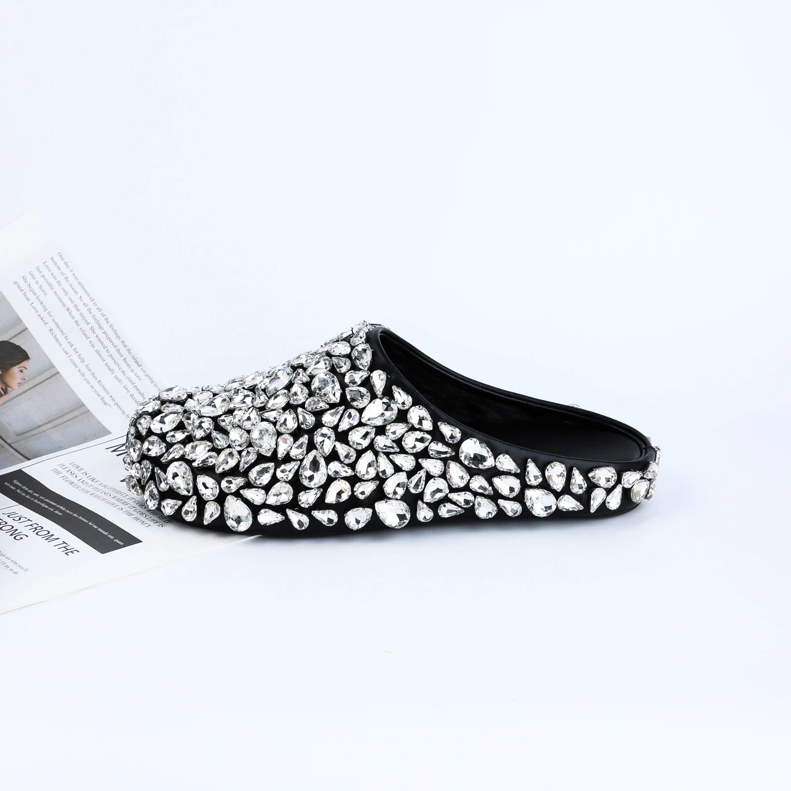 Designer Brand Handmade Rhinestone Flat Sandals Black Slippers Casual Vacation Loafers Shoes Women's Wedding Dress Shoes