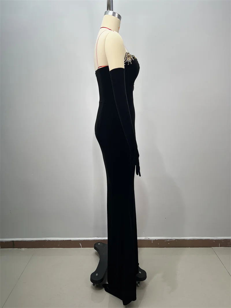 Luxury Diamonds Sexy V-Neck Strapless Package Hips Bandage Dress  Fashion Woman Evening dress Celebrity Cocktail Party Outfit