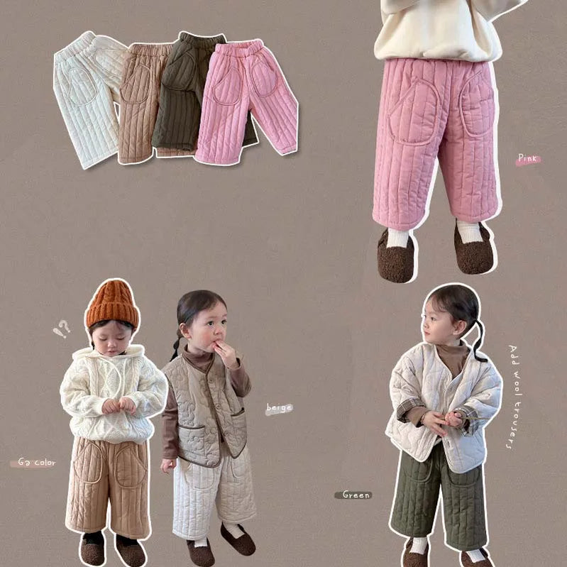 Vintertjockna barnbyxor Korea Barnjacka Bomull Plush Girls 'Solid Color Casual Pants Children's Clothing