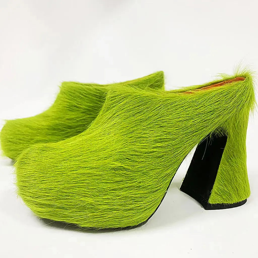 Fur Leather High Heels Women 2024  Designer Elegant Platform Women Mules Slipper Shoes For Wedding Party Dress Shoes