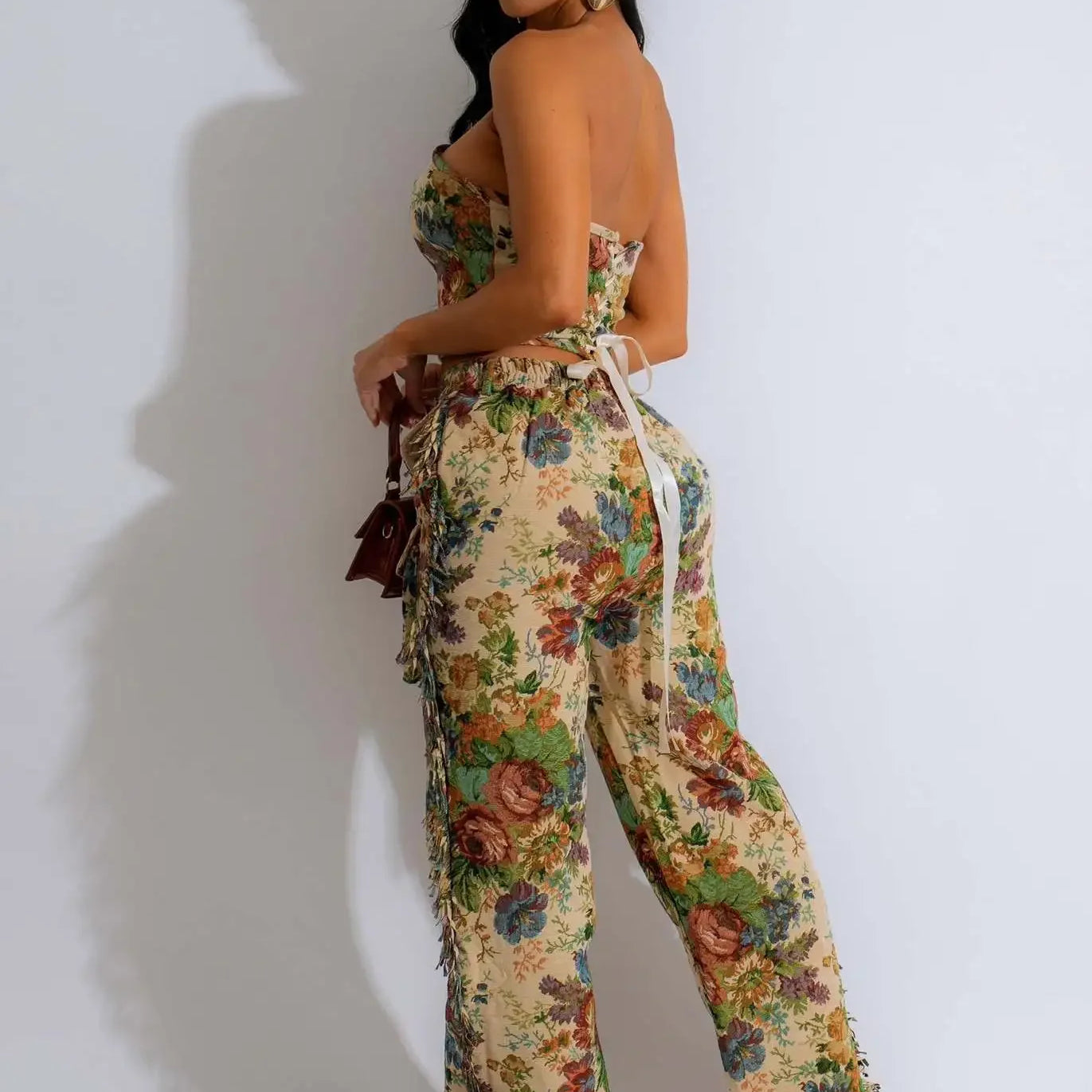 CM.YAYA Fashion Print Women's Set Strapless Top and Wide Leg tassel Pants Summer Cargo Street Two 2 Piece Set Outfit Tracksuit