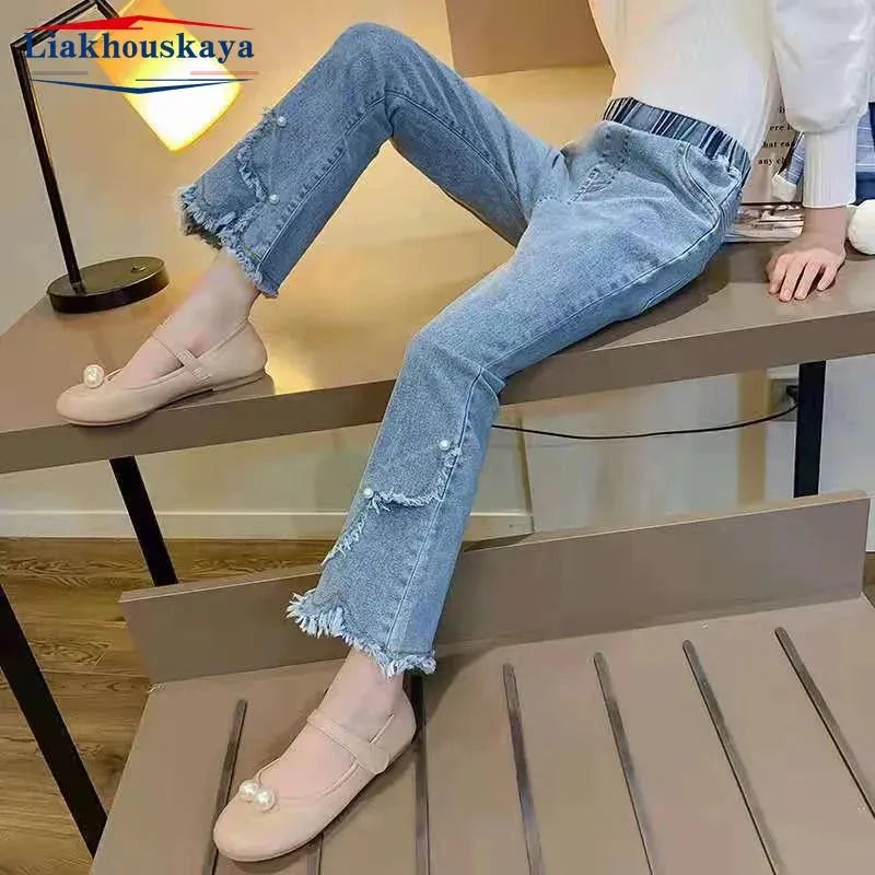 Girls Hole Sale Hanger Jeans Pants Kids Denim Trousers Casual Clothes For Teenagers Girl Spring Winter Trendy Children Clothes Blue Pearl Pants