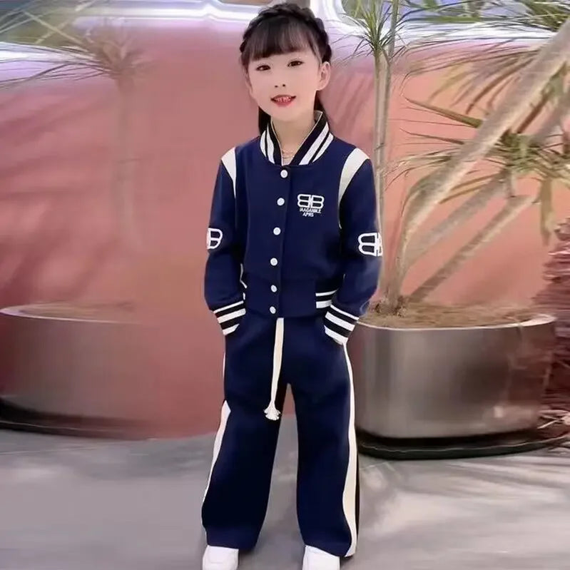 Autumn Winter Kid Girls Clothing Baseball Jersey Sports Suit Kids Clothes Girl Letter Coat Long Trousers 2 Piece Set 3-13 Years Deep blue