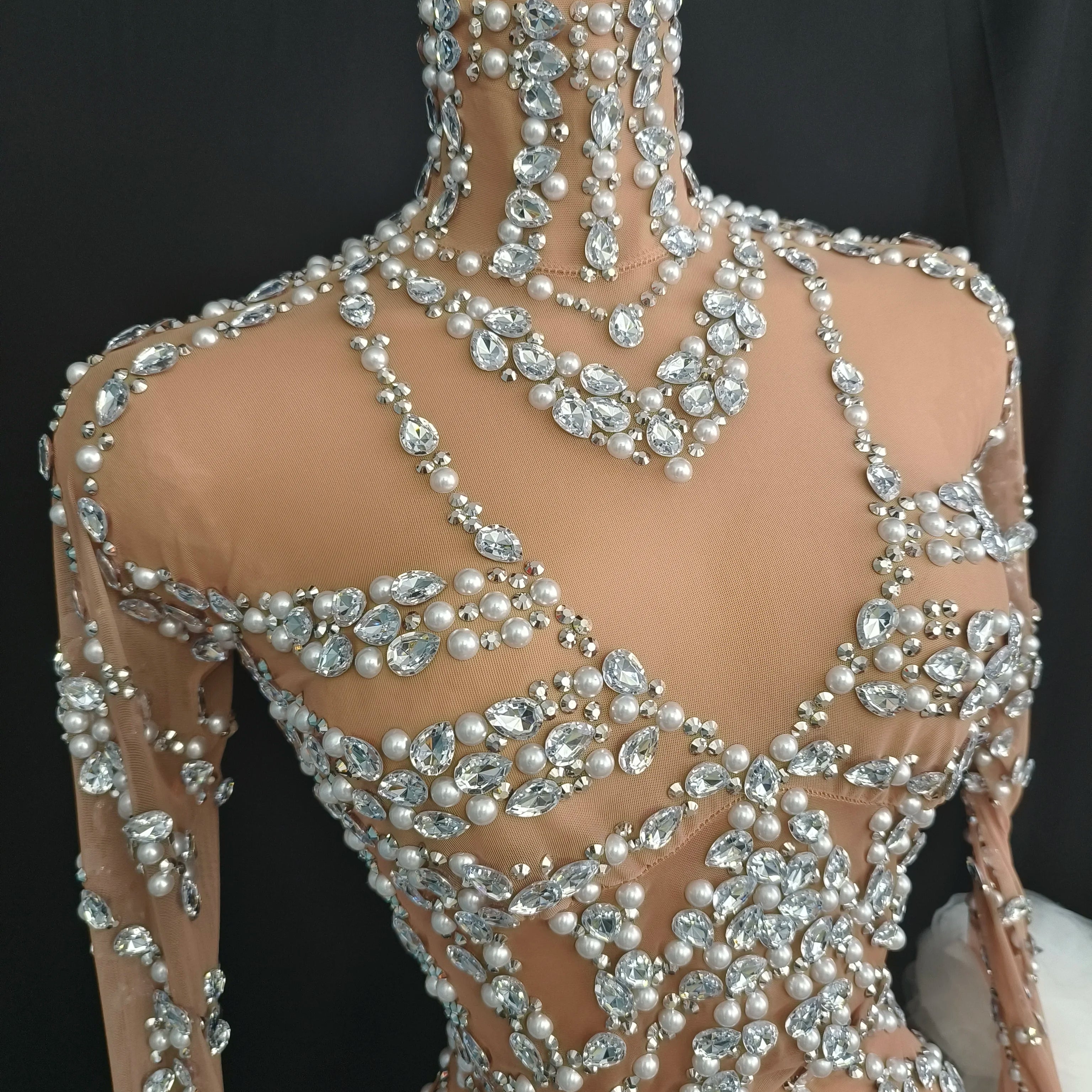 Women Sexy Mesh Nude Stretchy Long Sleeve Night Club See Through Singer Dancer tage Costume Mini Party Dress