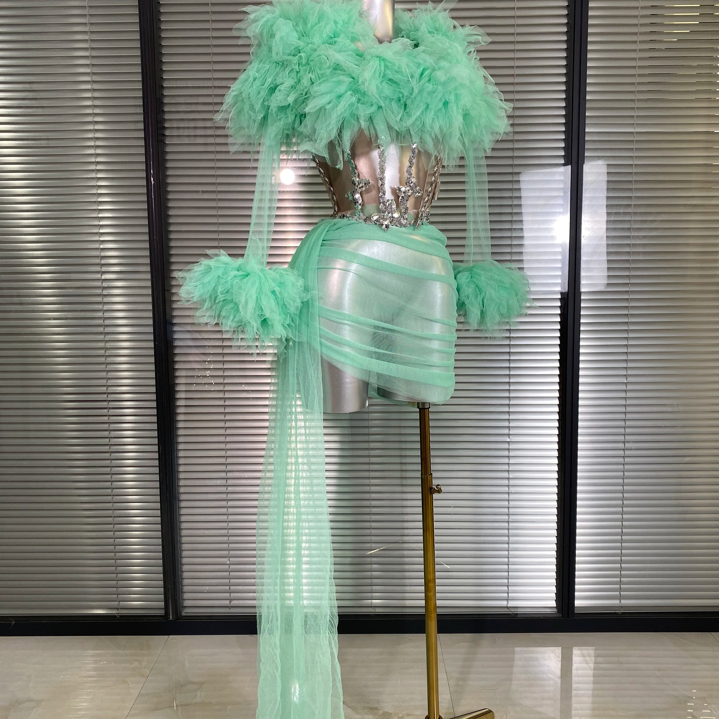 Summer New 2025 Sexy Two Pieces Set Women Celebrity Laced Mint Mesh Night Club Skirt Suits Stage Performance Costume