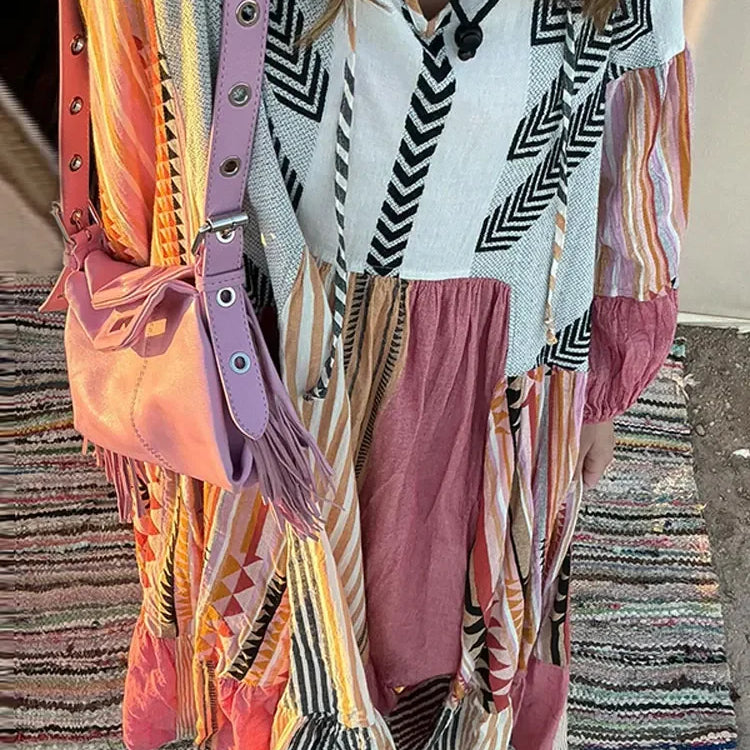 Retro Stripe Print Patchwork Maxi Dresses Women Loose V Neck Long Lantern Sleeve Long Dress Spring Chic Female Beach Casual Robe