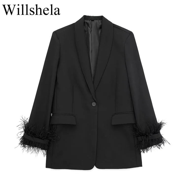 Women Fashion Satin Black With Feather Blazer Jacket Vintage Notched Neck Single Button Long Sleeves Female Outfits