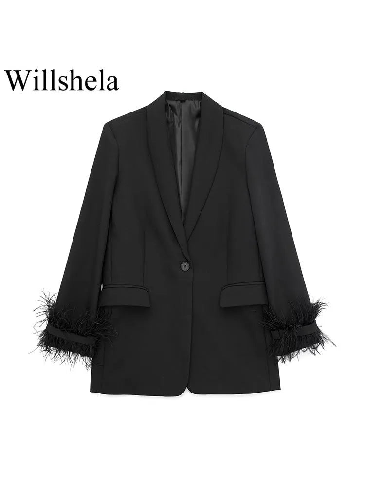 Women Fashion Satin Black With Feather Blazer Jacket Vintage Notched Neck Single Button Long Sleeves Female Outfits