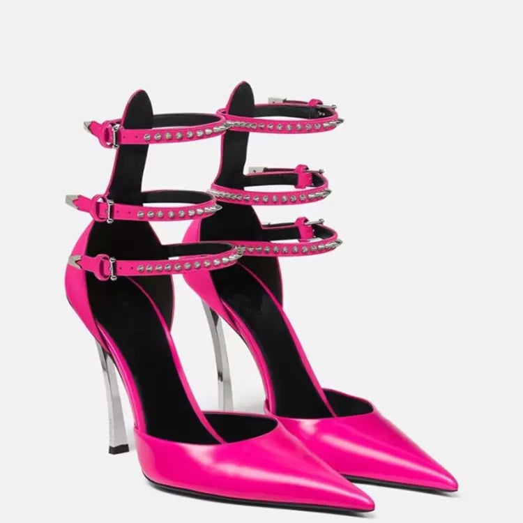 Summer High-end New Metal Stiletto Sandals Fashion Pointy Catwalk Fashion Single Shoes Sexy Nightclub Party Wedding High Heels rose red