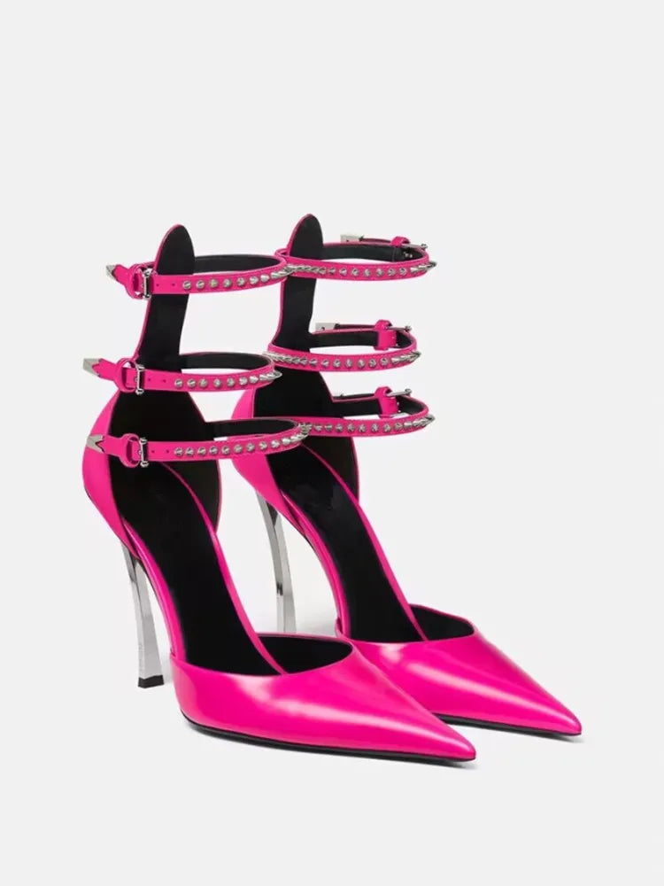 Summer High-end New Metal Stiletto Sandals Fashion Pointy Catwalk Fashion Single Shoes Sexy Nightclub Party Wedding High Heels rose red