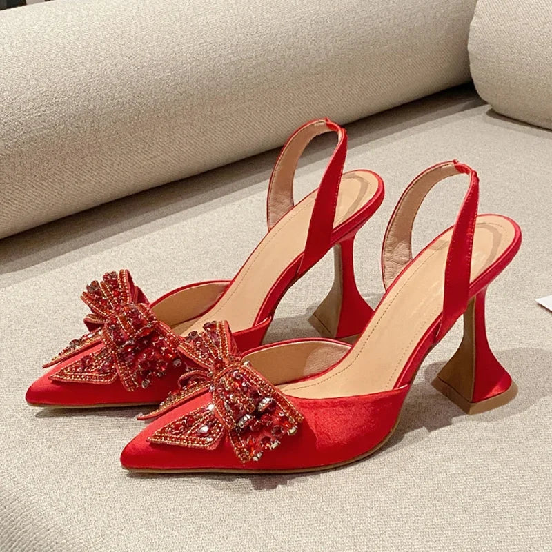Eilyken Design Crystal Butterfly-knot Women Pumps Street Style High Heels Pointed Toe Shoes Sexy Wedding Party Sandals
