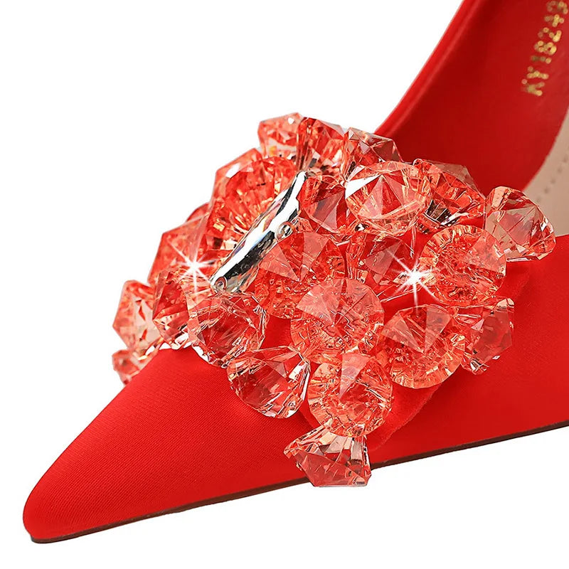 Women 7.5cm 10.5cm High Heels Luxury Pumps Lady Silk Shallow Pointed Toe Rhinestone Crystal Bling Buckle Low Heels Green Shoes