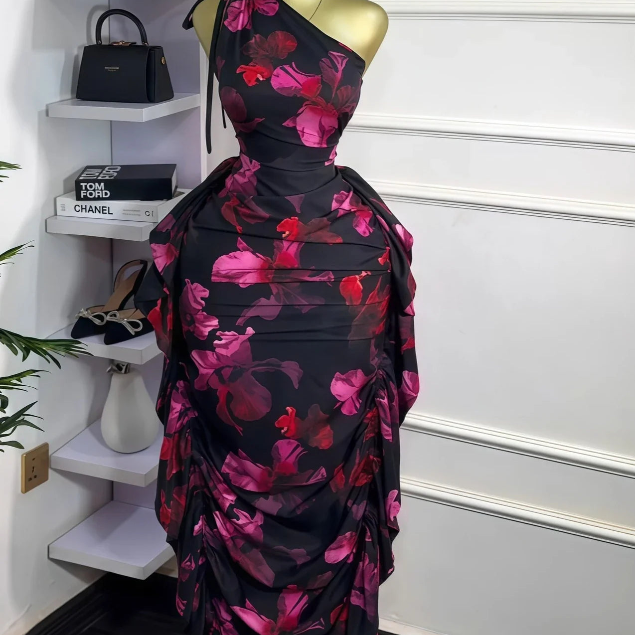 CM.YAYA Women Floral Printed One Shoulder Sleeveless Stacked Ruched Bodycon Midi Maxi Long Dress 2025 Sexy Party Evening Dresses