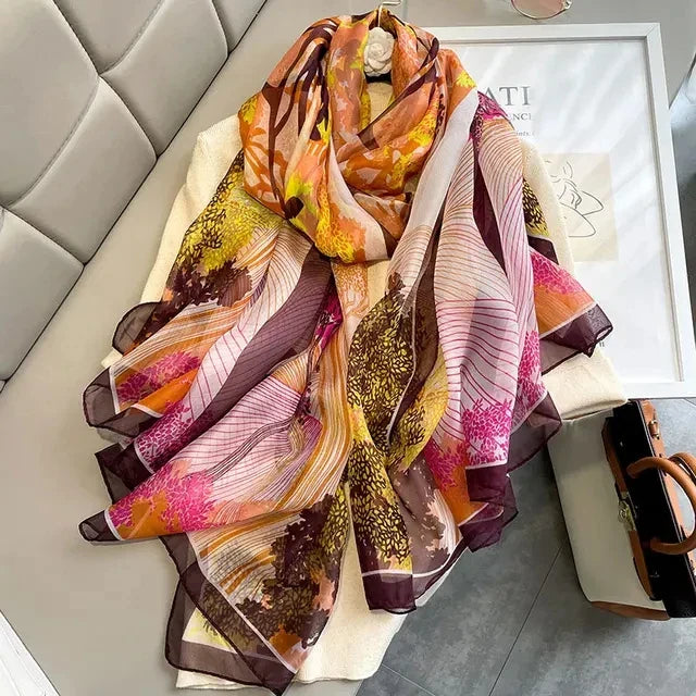 Print Silk Scarf Hijab Women Spring Deisgn Soft Beach Stoles Elegant Head Scarves Echarpe Shawl Satin Large Wrap Echarpe Bandana see chart 24