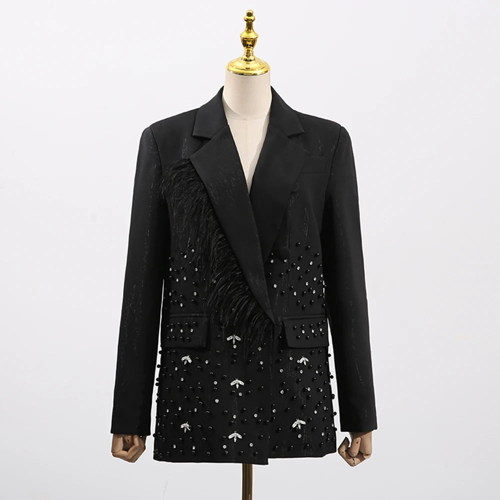 TWOTWINSTYLE Solid Spliced Bead Luxurious Jackets for Women Lapel Long Sleeves Patchwork Single Breasted Jacket Female Clothing