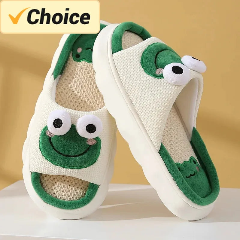 Men Women Home Linen Slippers Four Seasons Adults Home Sandals Couples Cute Frog Shoes Soft Cartoon Flip Flops Indoor Slides