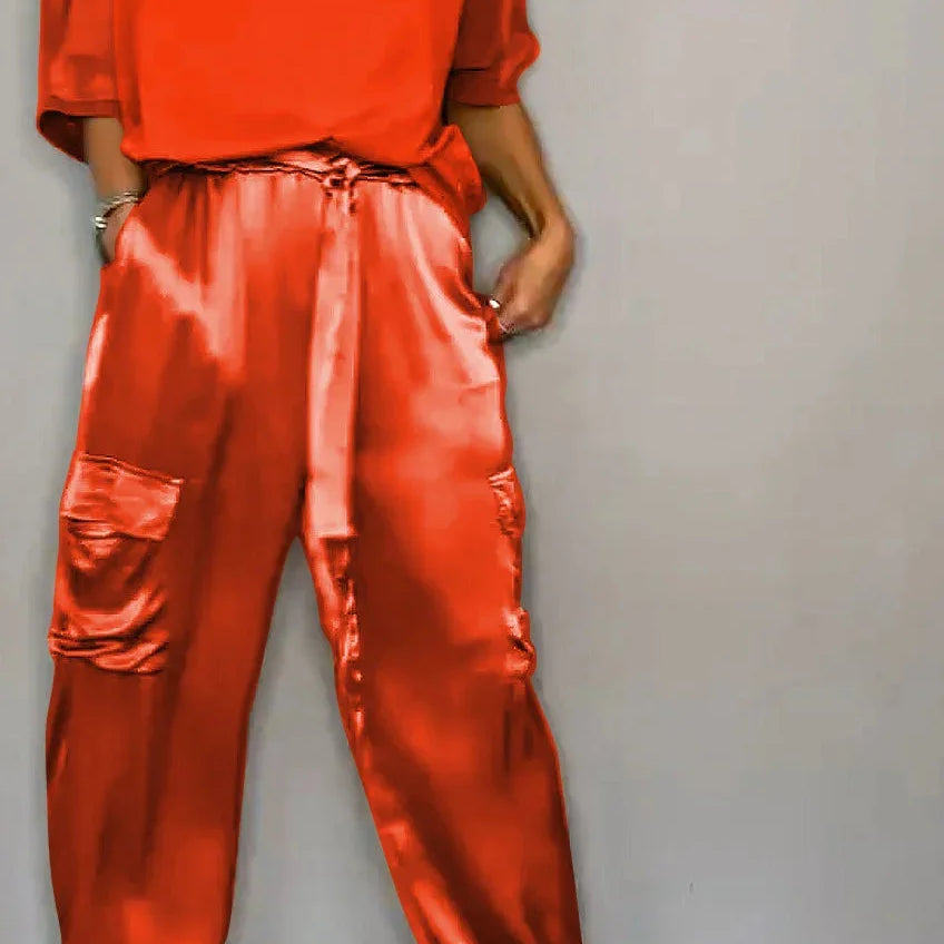 Fashion Solid Color Satin Two Piece Set Women Round Neck New Spring Summer Top Long Pants Casual Loose Two Piece Set Red