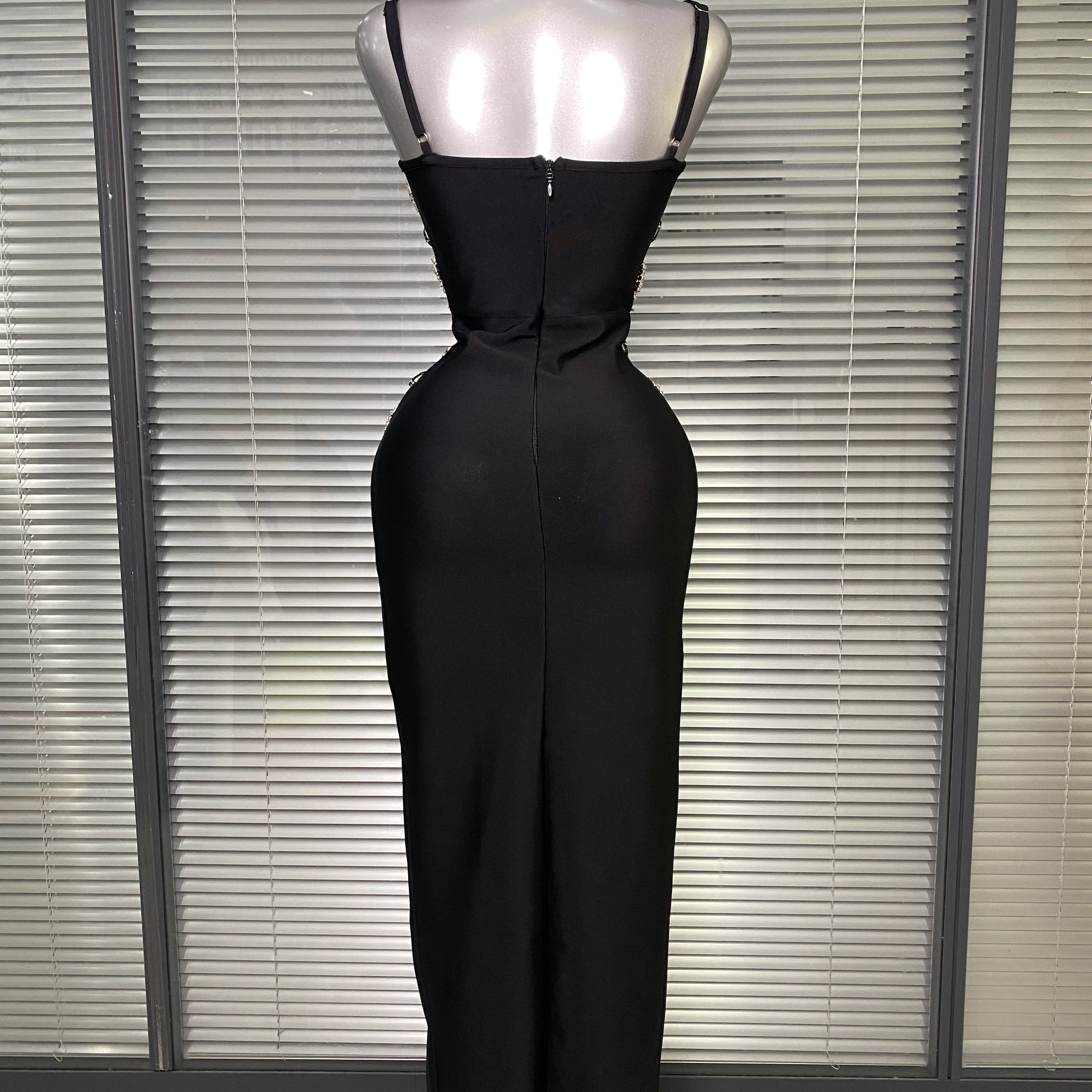 Brand New 2025 Women Black Long Bodycon Bandage Dress Crystal Chain Elegant Evening Party Dress Vestido