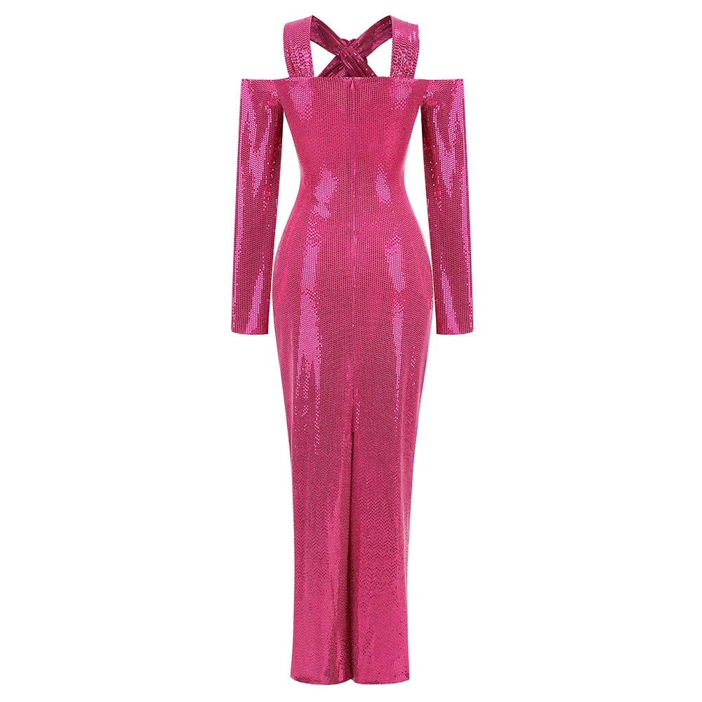 Rosered Color Women Long Sleeve Sexy Keyholes Shinning Sequins Bodycon Long Dress Evening Party Celebrate Cocktail Dress