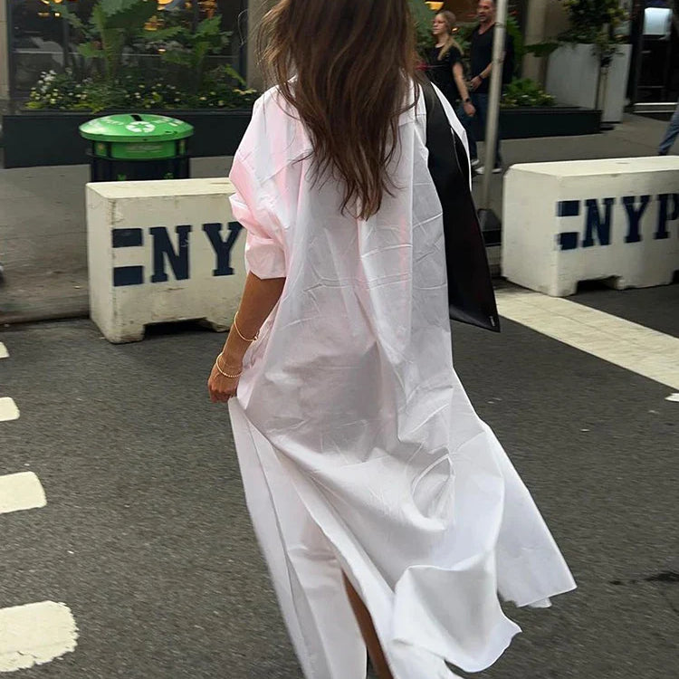Casual Split Long Sleeved Maxi Dress For Women Elegant Lapel Single Breasted White Dresses Chic Lady High Streetwear Robes