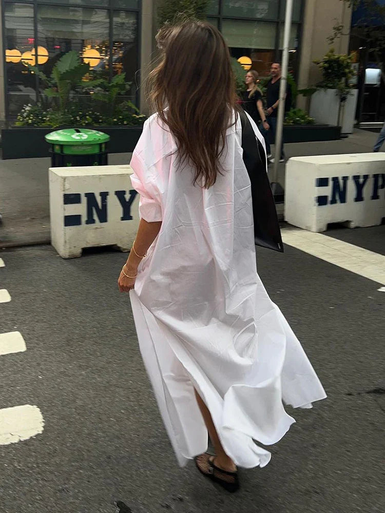 Casual Split Long Sleeved Maxi Dress For Women Elegant Lapel Single Breasted White Dresses Chic Lady High Streetwear Robes