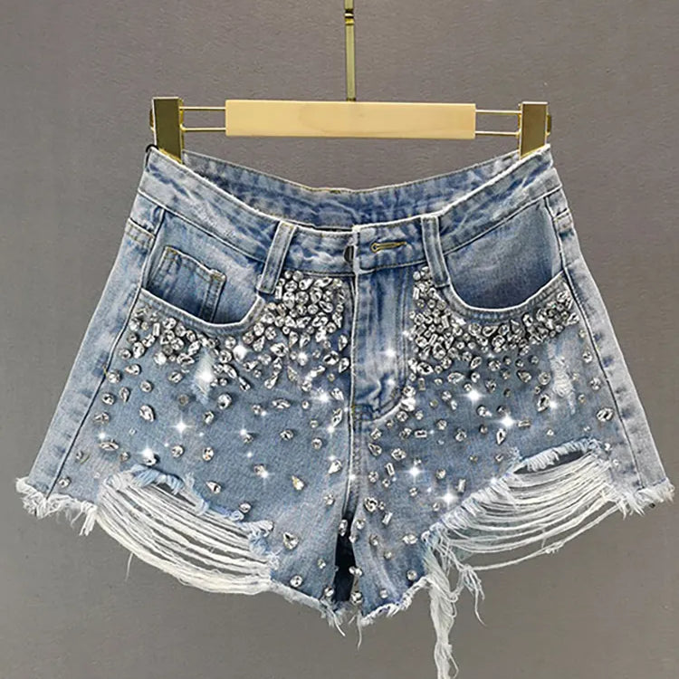 Women's Short Jeans High Waist Distressed Diamonds Tassel Loose Wide Leg Luxury Denim Shorts Autumn Fashion