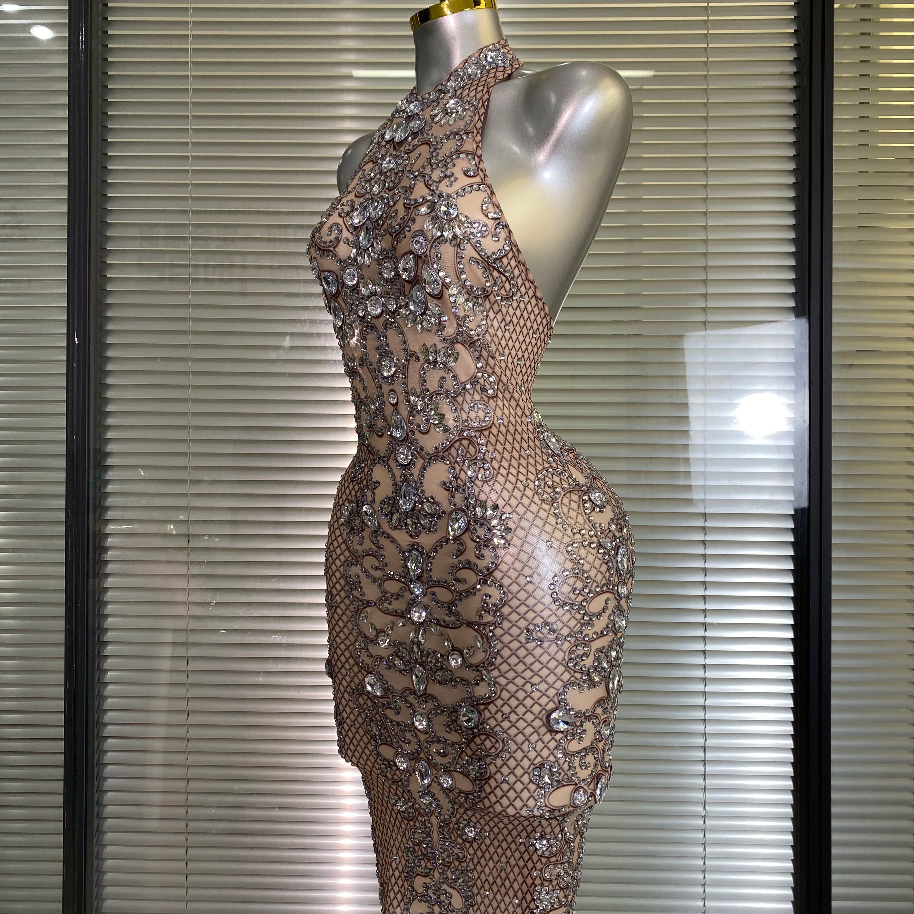 Women Sexy Mesh Crystal Diamonds Print Performance Costume Stage Dancer See Through Stretchy Night Club Party Dress