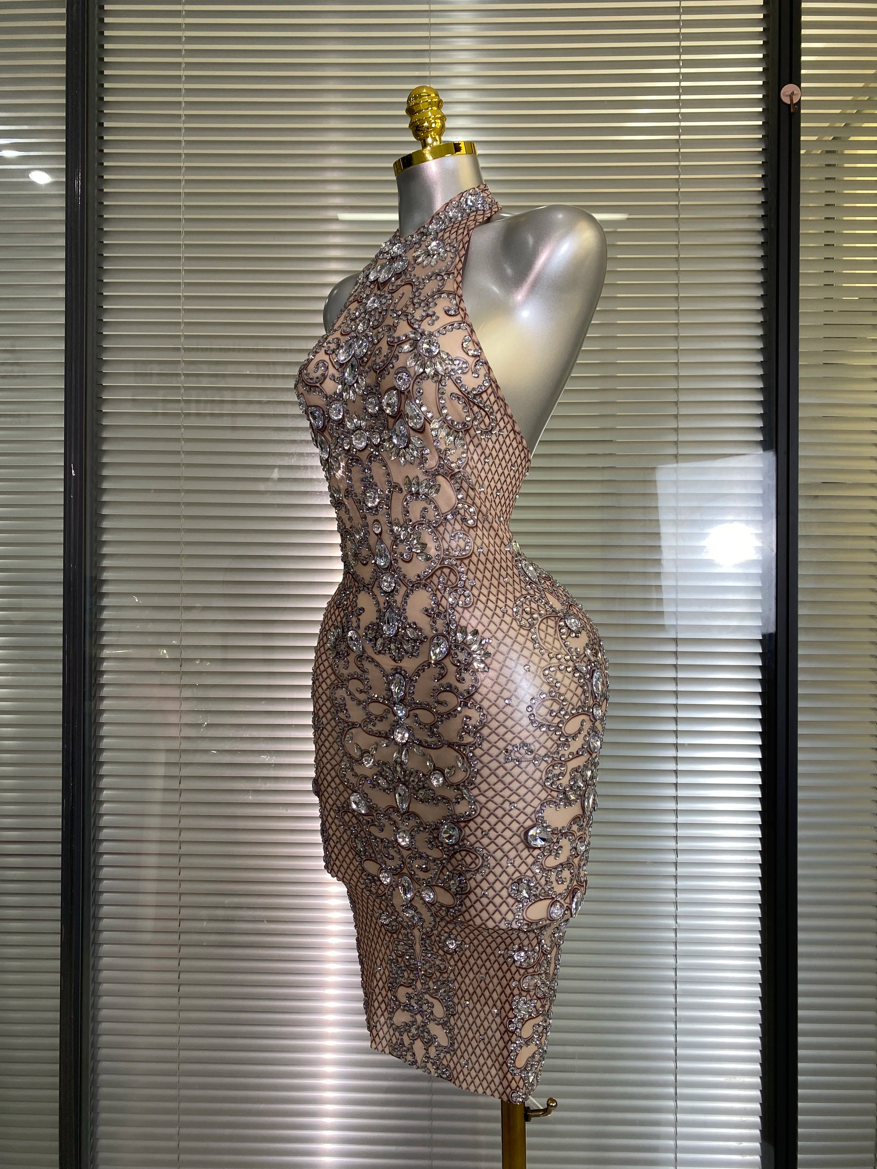 Women Sexy Mesh Crystal Diamonds Print Performance Costume Stage Dancer See Through Stretchy Night Club Party Dress