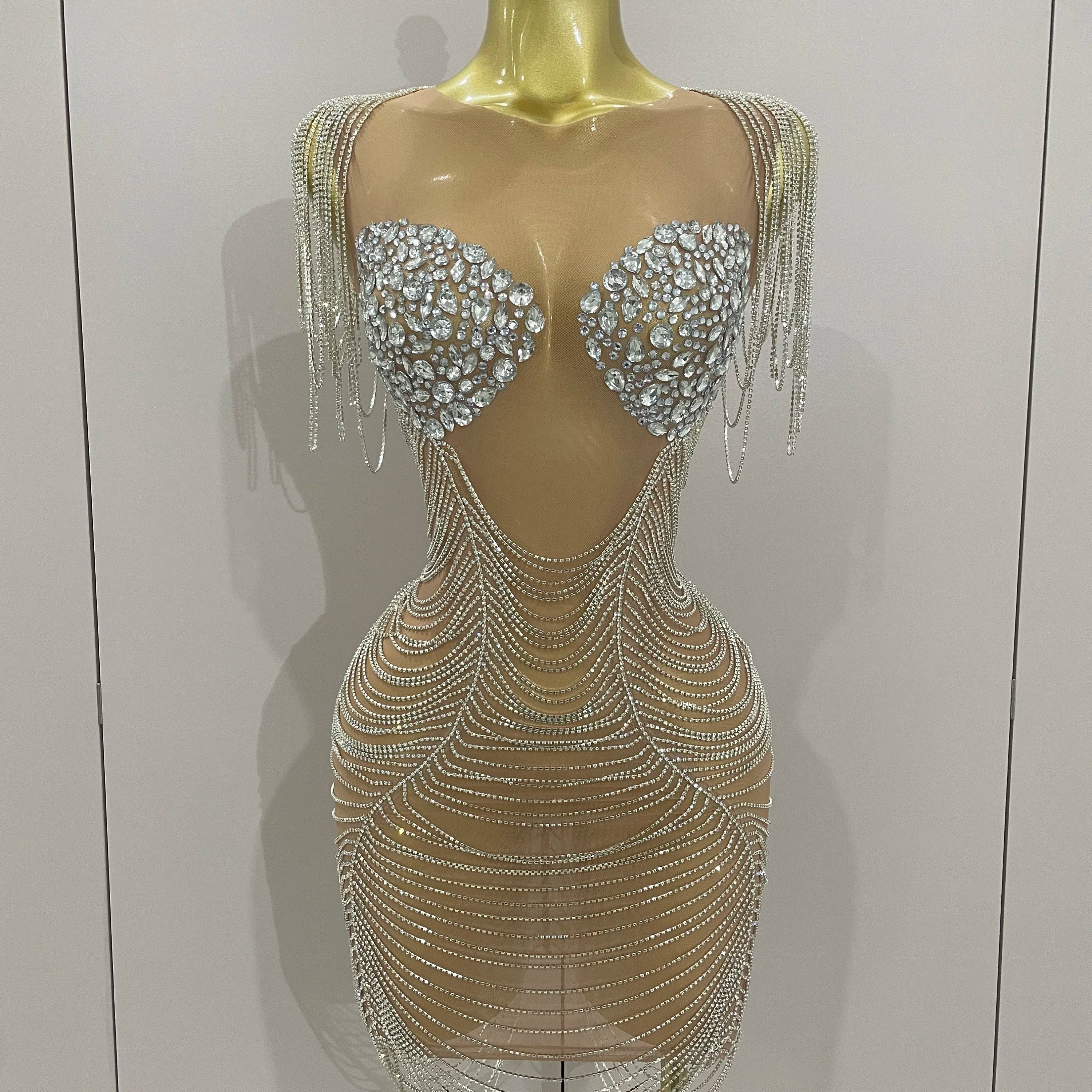 2025 New Sparkly Diamonds Crystal Sexy Mesh See Through Mini Dress Women Birthday Party Club Celebrate Stage Performance Costume